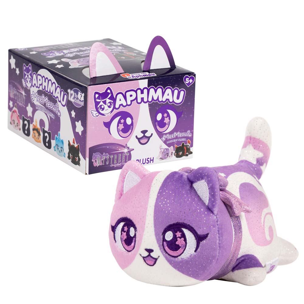 Aphmau Cat 6-inch pink and purple MeeMeows plush beside purple MyStreet Collection packaging.
