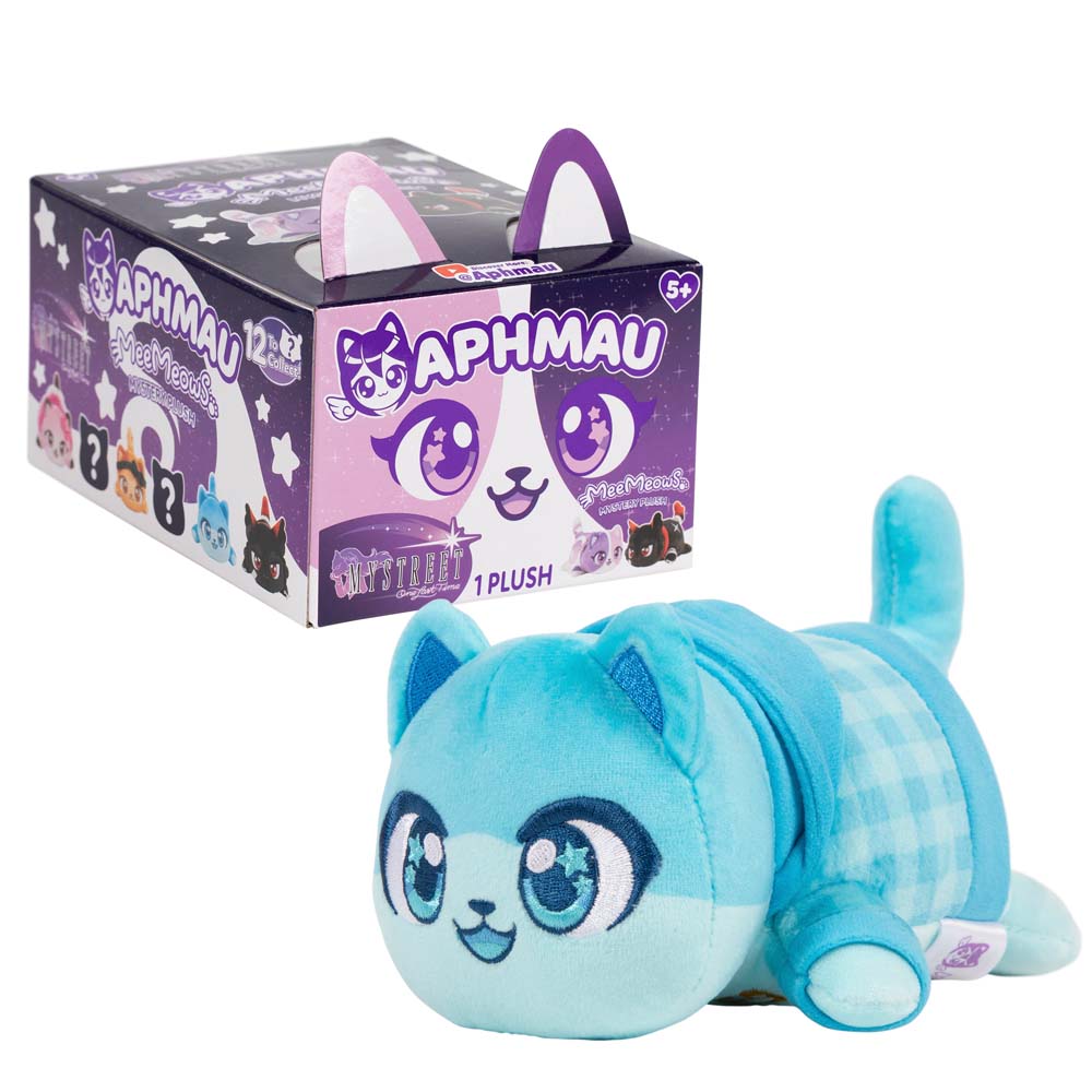 Aphmau Garroth Cat 6-inch turquoise MeeMeows plush beside purple MyStreet Collection packaging.