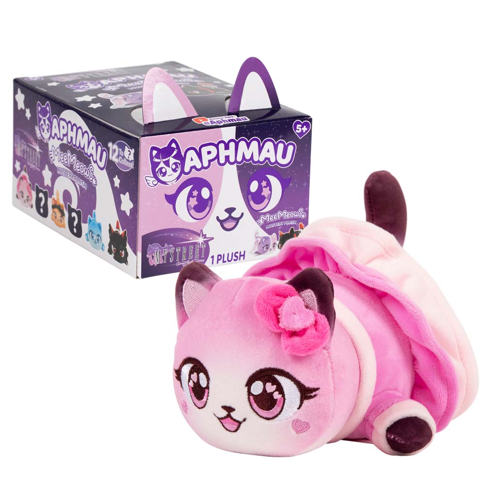 Aphmau KC Cat 6-inch pink MeeMeows plush beside purple MyStreet Collection packaging.
