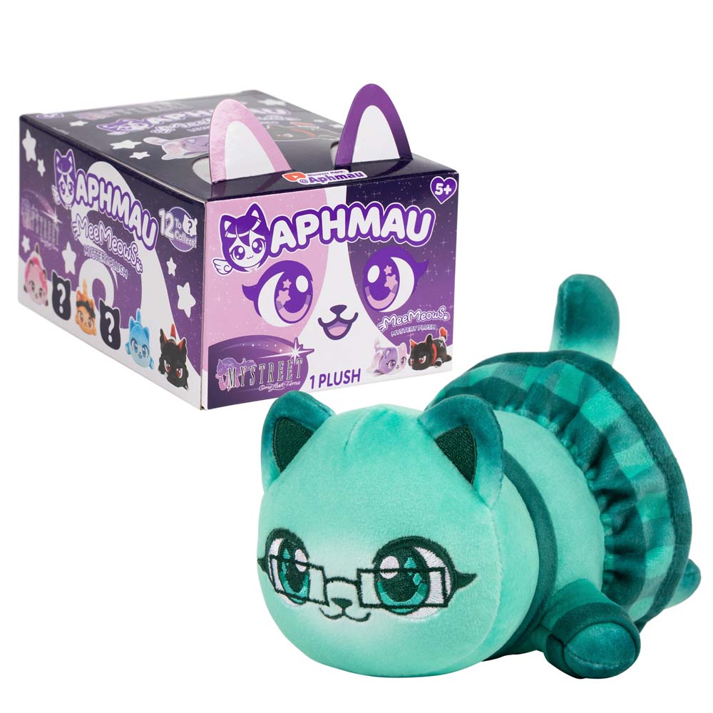 Aphmau Kim Cat 6-inch green and teal MeeMeows plush beside purple MyStreet Collection packaging.