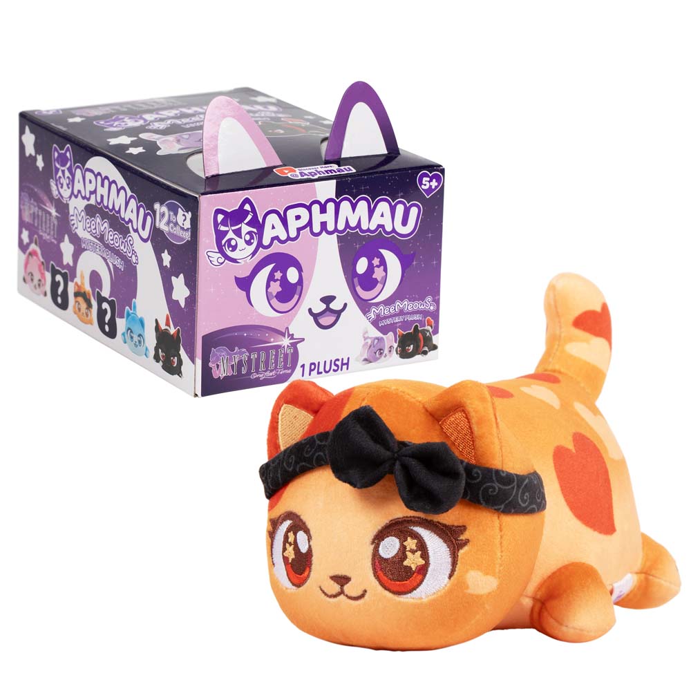 Aphmau Lucinda Cat 6-inch orange MeeMeows plush beside purple MyStreet Collection packaging.
