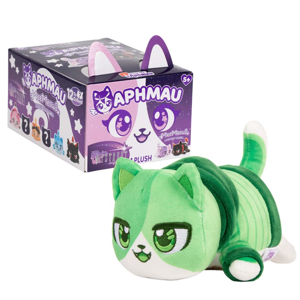 Aphmau Travis Cat 6-inch green MeeMeows plush beside purple MyStreet Collection packaging.