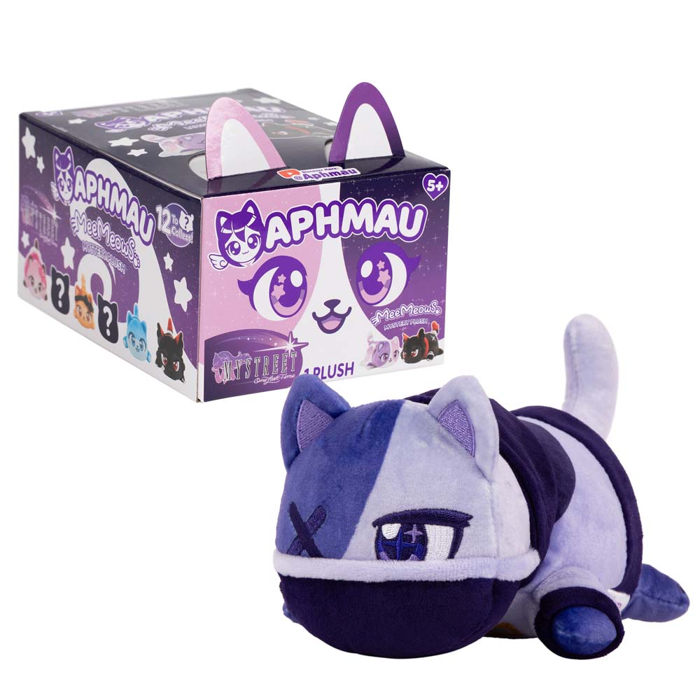 Aphmau Zane Cat 6-inch purple MeeMeows plush beside purple MyStreet Collection packaging.