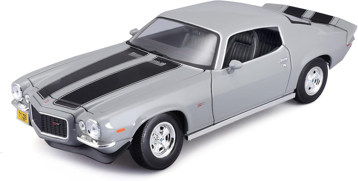 Grey 1971 Chevrolet Camaro model car with black twin stripes, front three-quarter view