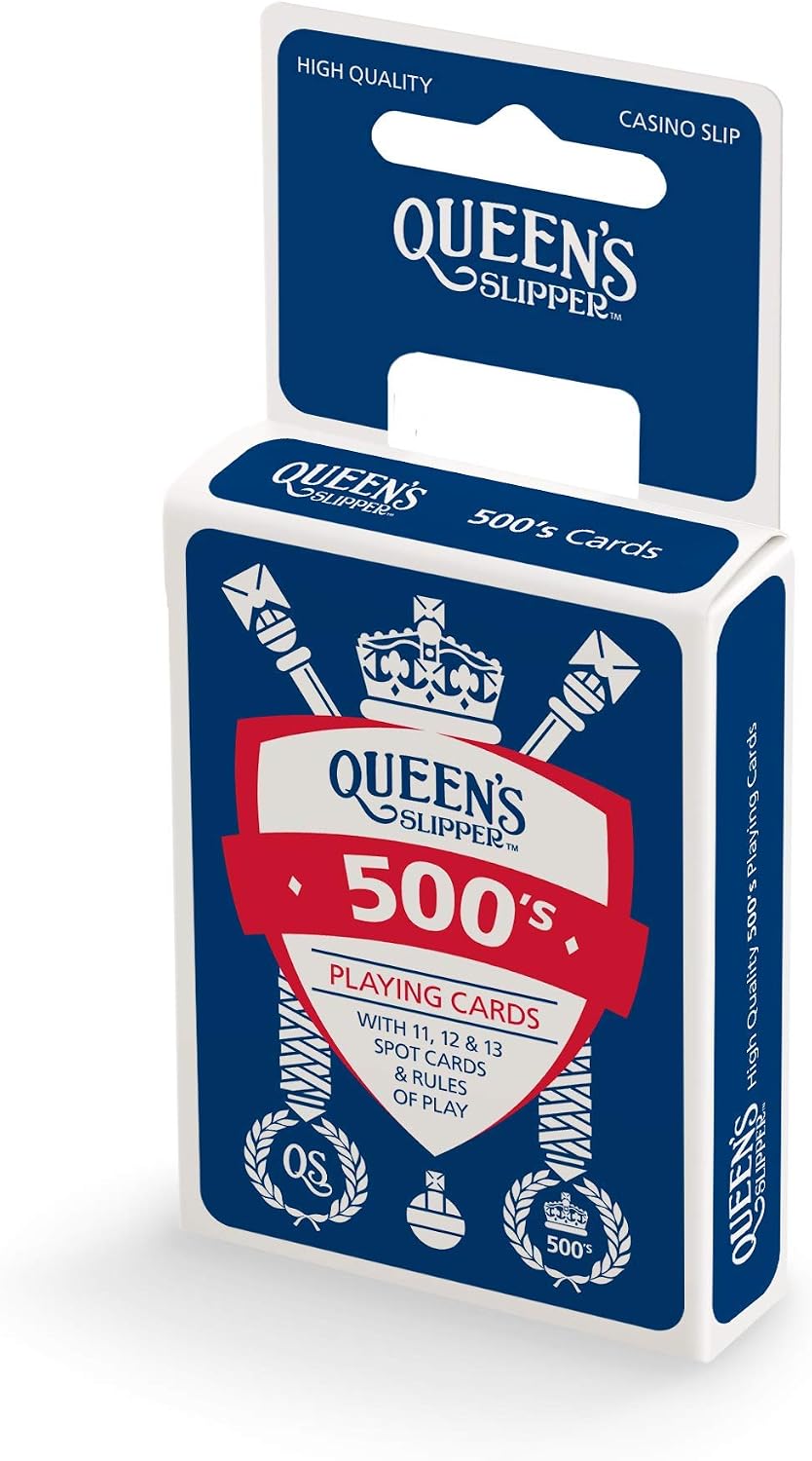 Queen's Slipper 500's Playing Cards - red tuck box showing heraldic crest design with 11, 12 & 13 spot cards and rules of play callout on white background