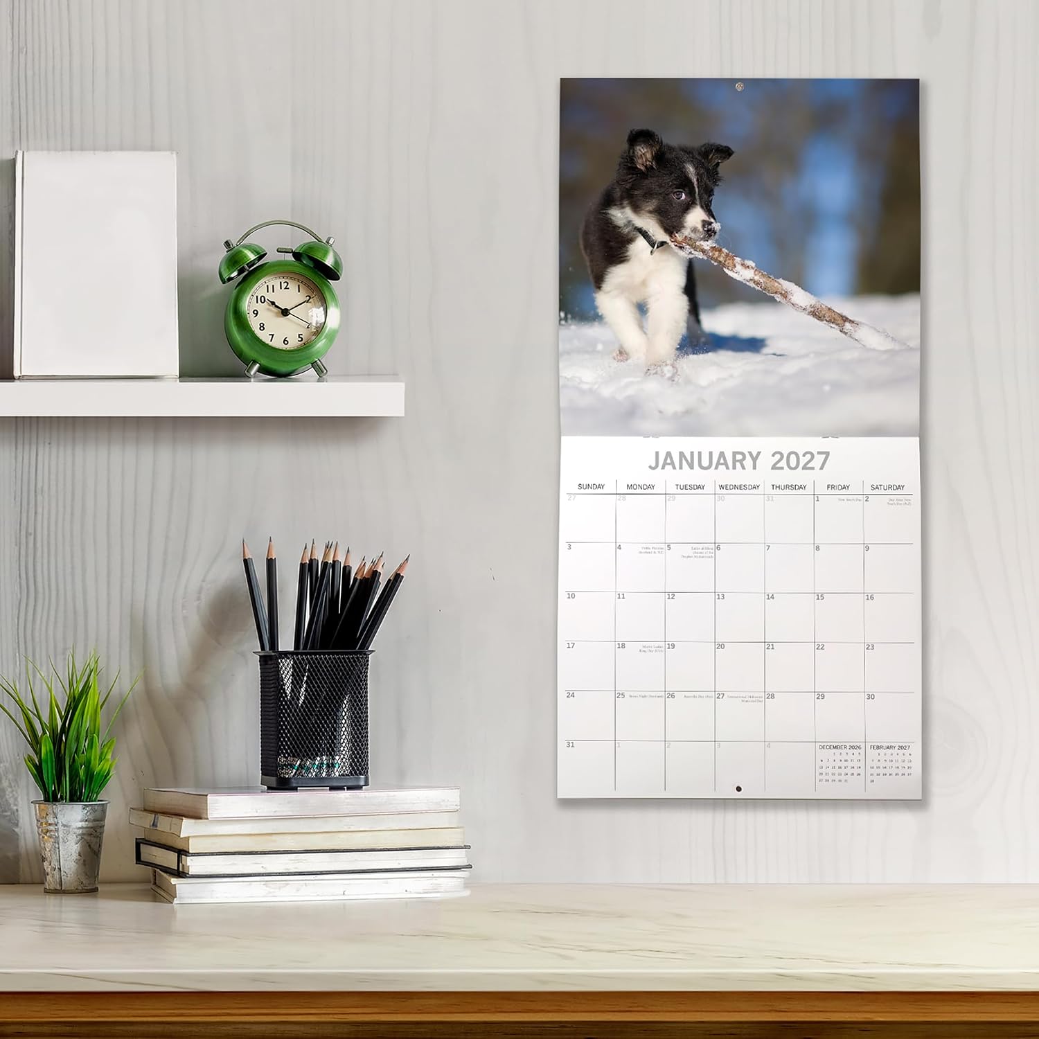 Border Collies 2027 Calendar - back cover showing all monthly photos and product details