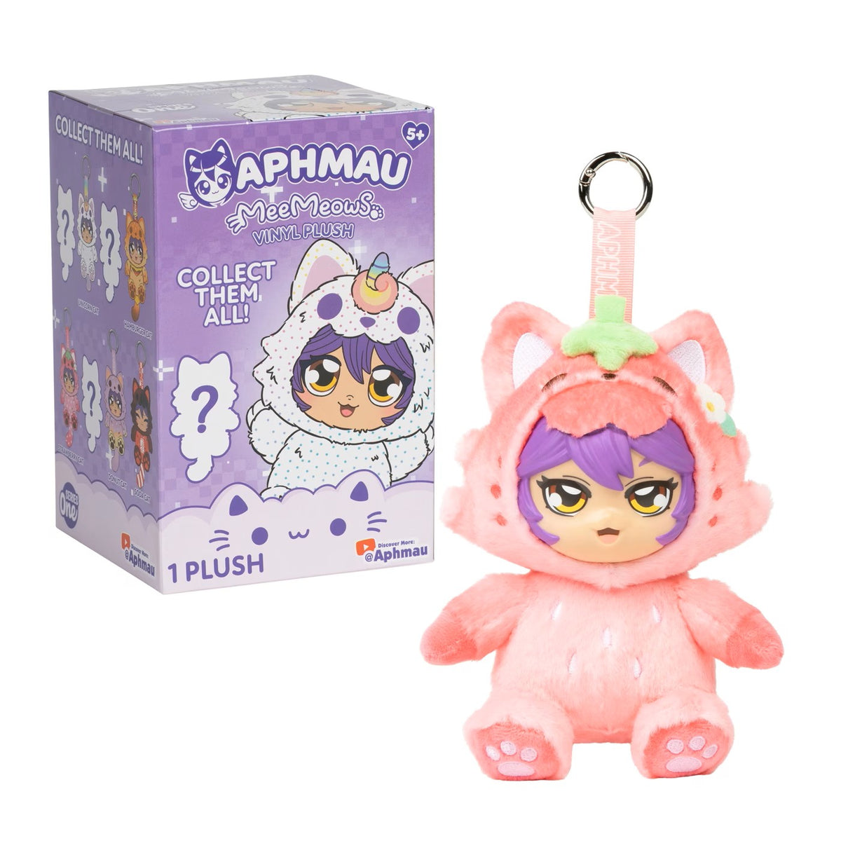 Front view of Aphmau MeeMeows Strawberry Cat plush and vinyl key chain