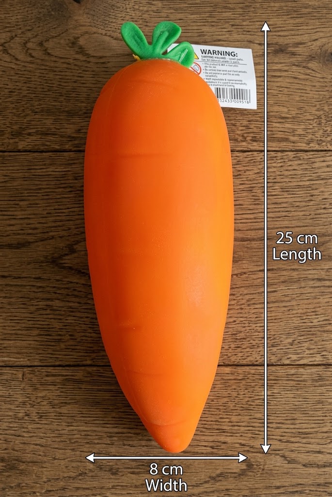 Carrot squishy with dimensions of 25 cm long and 8 cm wide