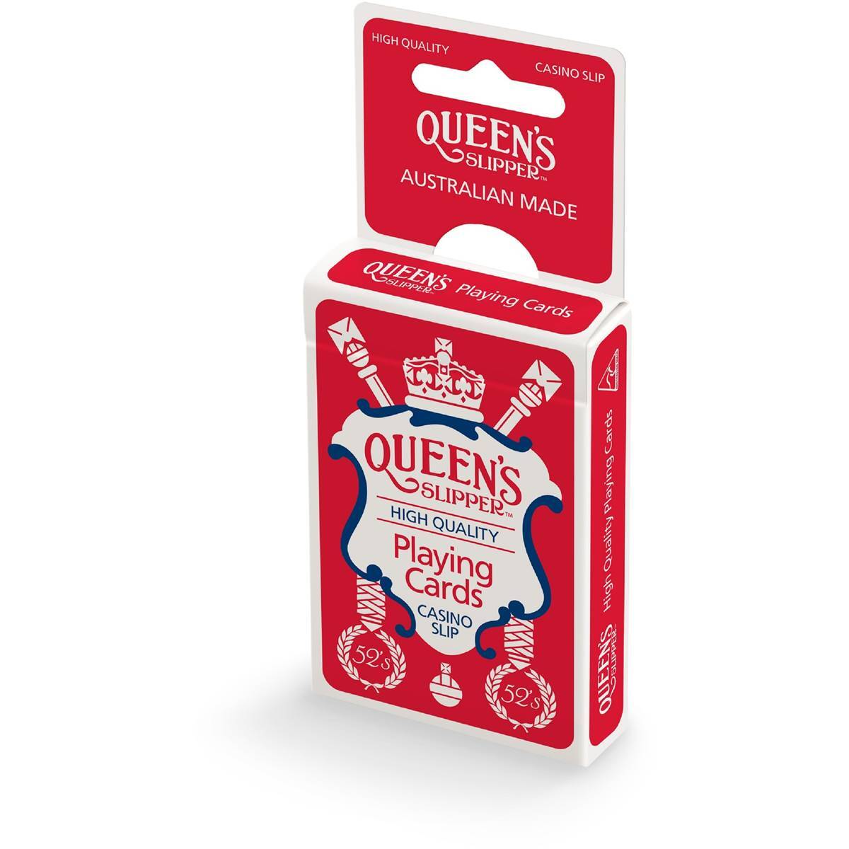 Queen's Slipper 52s Playing Cards - red tuck box with casino slip finish showing heraldic crest design and Australian Made branding on white background