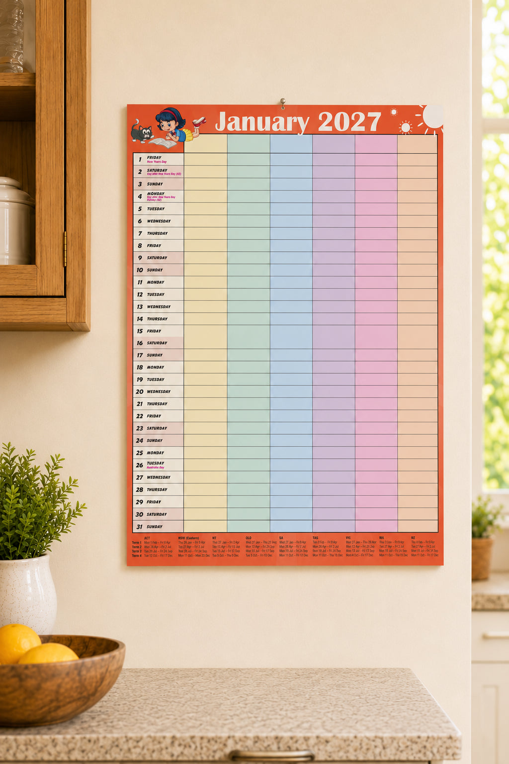 2027 Bartel Big Print Family Organiser - January 2027 month view showing 6 colour-coded columns