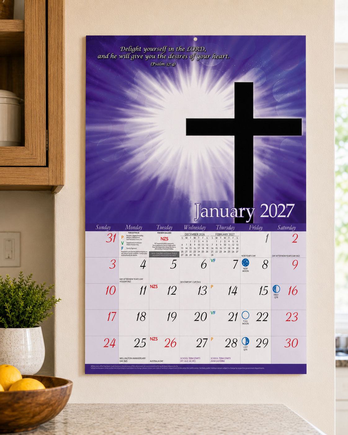 2027 Bartel His Word Wall Calendar - January 2027 full month grid with cross artwork and Psalm 37:4