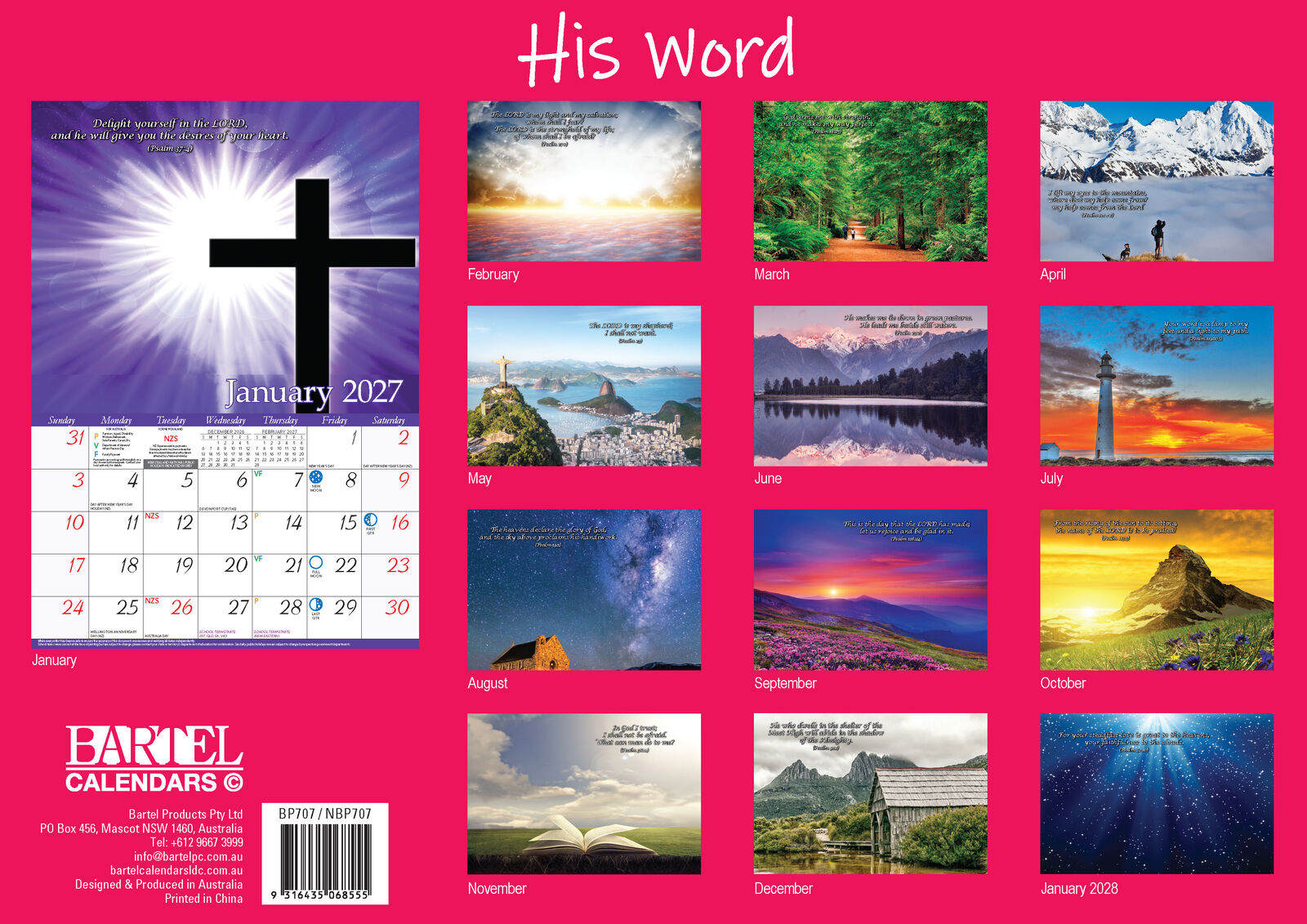 2027 Bartel His Word Wall Calendar displayed on wall showing January 2027 with cross and purple sky