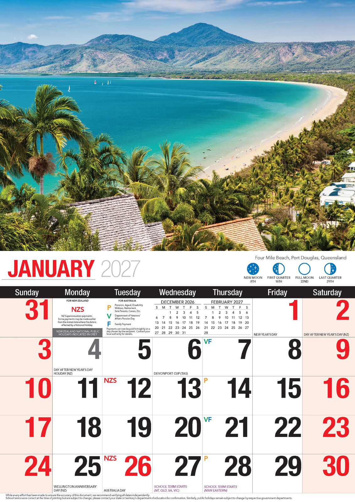 2027 Bartel Beautiful Australia Wall Calendar - January 2027 full month grid with Four Mile Beach photo