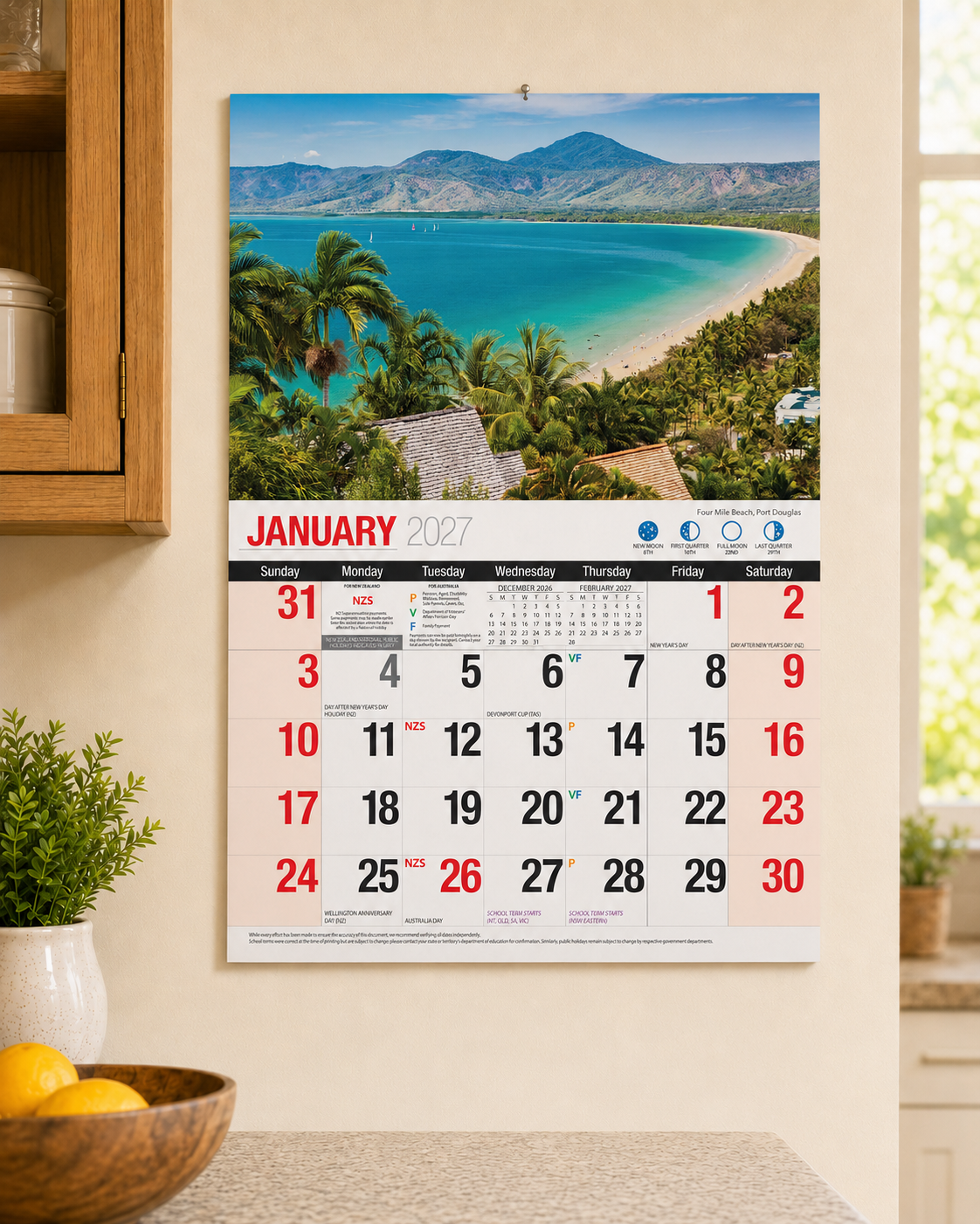 2027 Bartel Beautiful Australia Wall Calendar displayed on kitchen wall showing January 2027