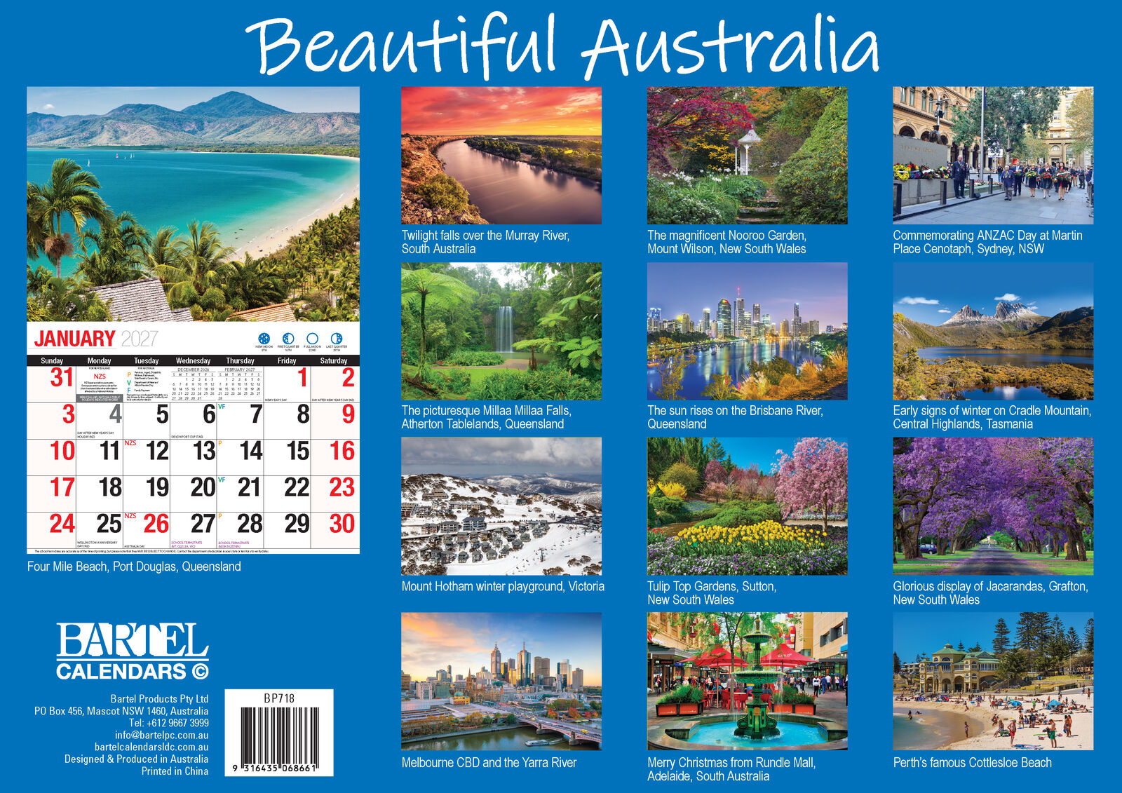 2027 Bartel Beautiful Australia Wall Calendar - back cover showing all 13 monthly Australian landscape images