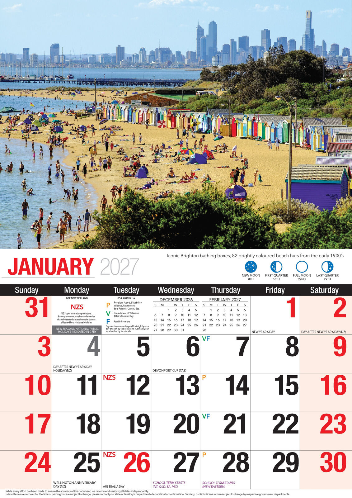 2027 Bartel Melbourne Wall Calendar - January 2027 full month grid with Brighton bathing boxes photo