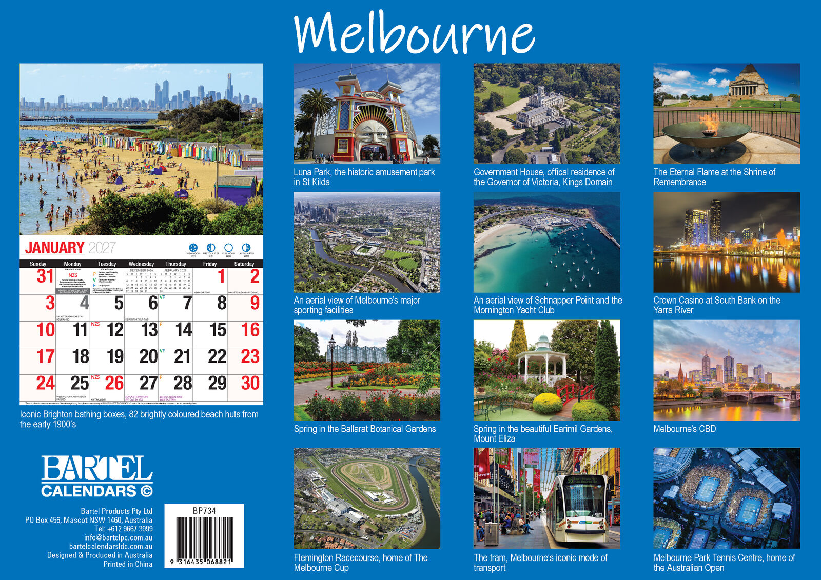 2027 Bartel Melbourne Wall Calendar - back cover showing all 13 Melbourne locations including Brighton bathing boxes and Luna Park