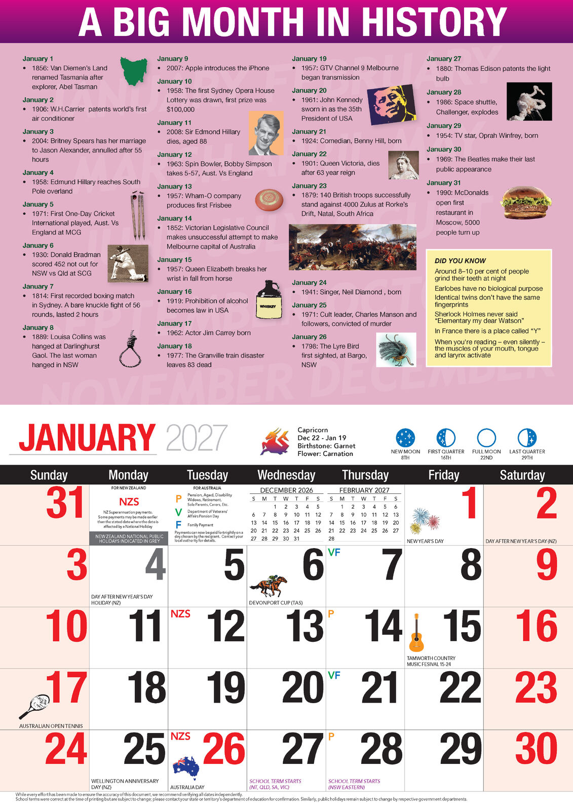 2027 Readezy This Day in History Calendar - January 2027 full month grid with A Big Month in History panel