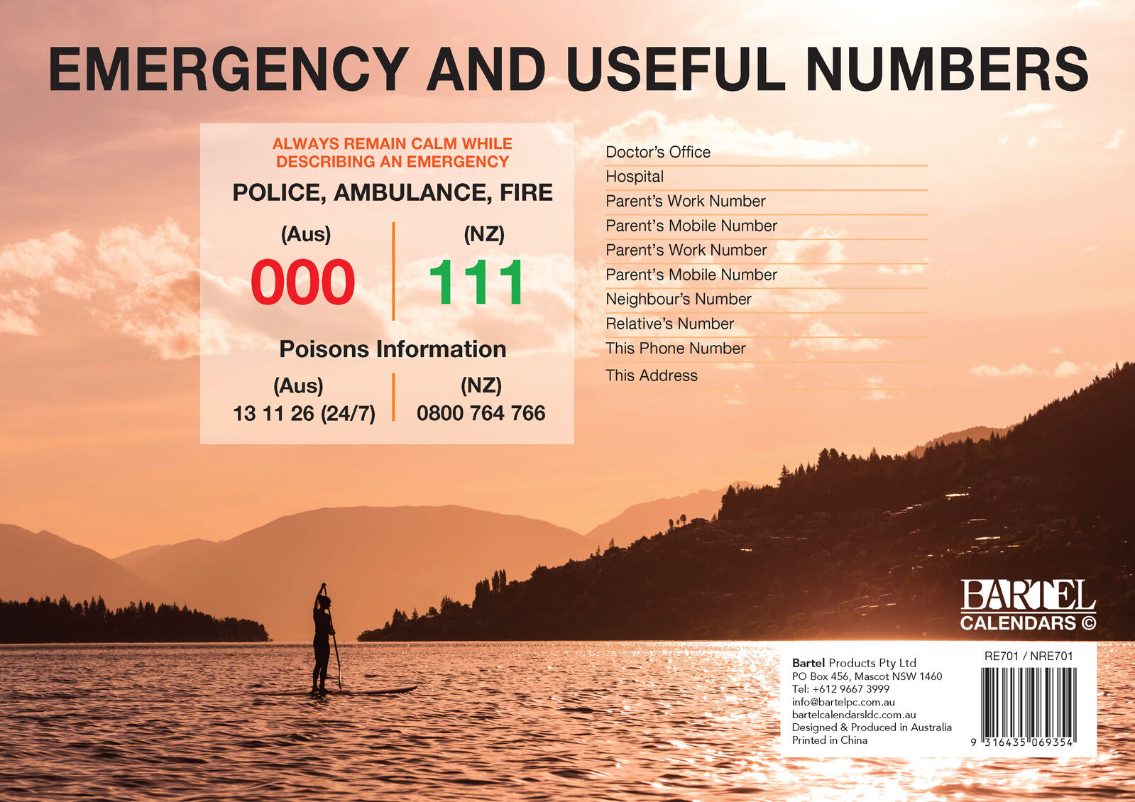 2027 Readezy This Day in History Calendar - back cover showing emergency numbers and NZ lake sunset