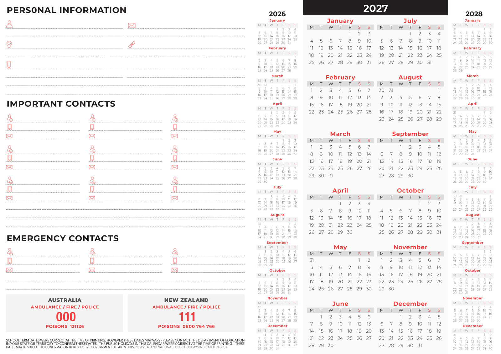 2027 Everyday Planner Black - January 2027 month-to-view page with large daily boxes, week numbers and moon phases