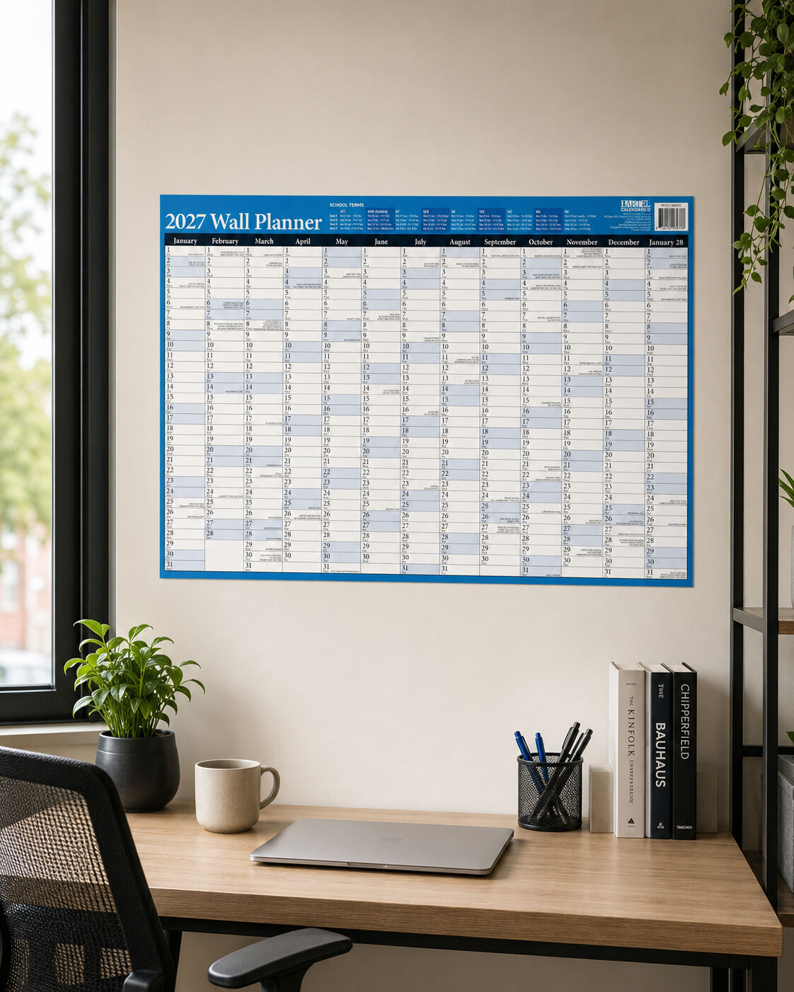 2027 Bartel Wall Planner Blue A2 - full year view showing January 2027 to January 2028 with AU/NZ public holidays and school terms