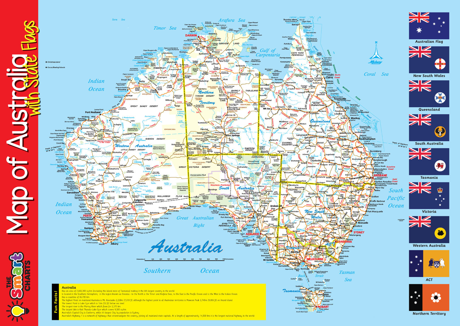 Map of Australia with state flags on the reverse side of the 2027 Bartel Year Planner - detailed road map with all states, territories and major cities
