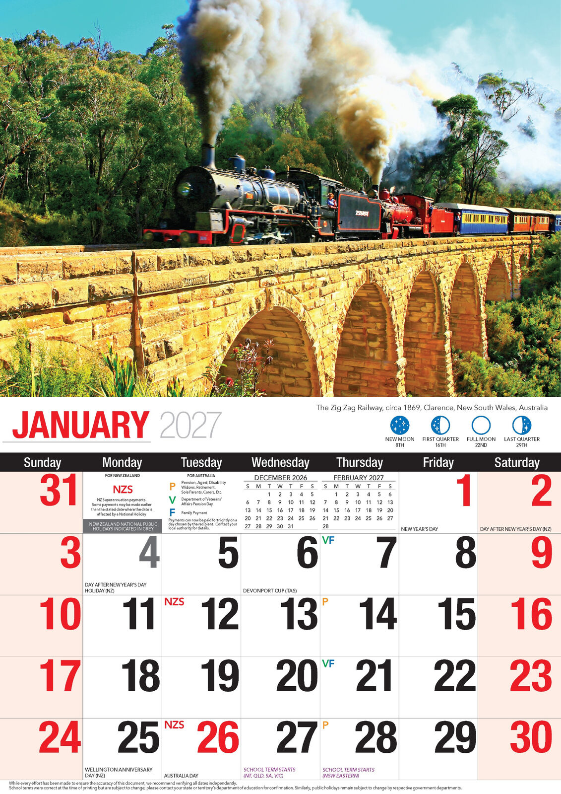 2027 Bartel Great Trains Wall Calendar - January 2027 full month grid with Zig Zag Railway, Clarence NSW