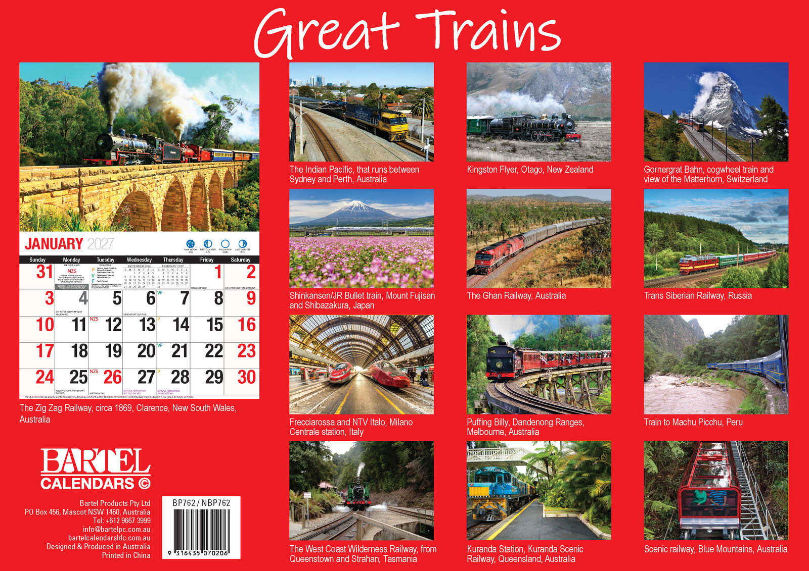 2027 Bartel Great Trains Wall Calendar - back cover showing all 13 featured trains and railways worldwide