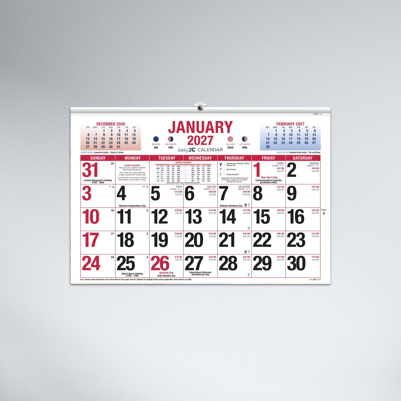 2027 easy2C Horizontal Wall Date Calendar 324x220mm - Big Print Calendar