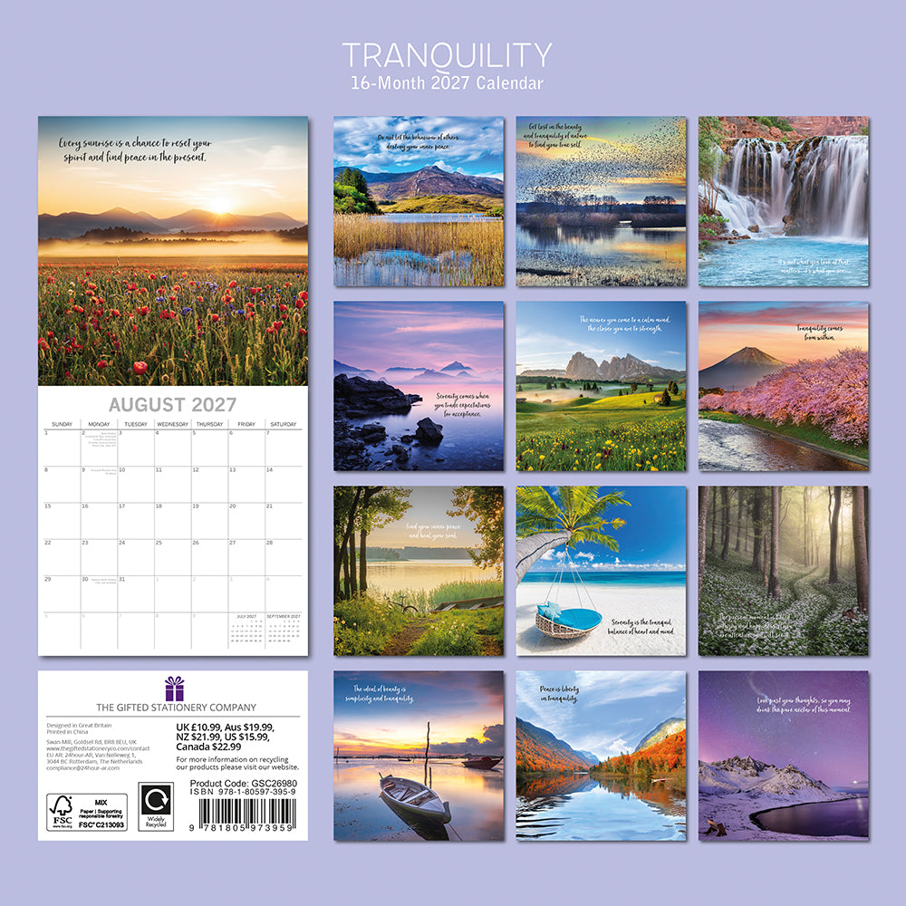 Tranquility 2027 Square Wall Calendar - Back cover showing 12 tranquil landscape photography thumbnails