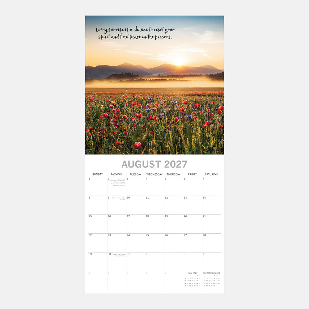 Tranquility 2027 Square Wall Calendar - August 2027 month page with poppy field sunrise photography