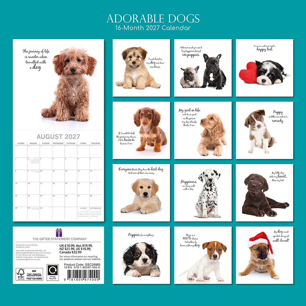 Adorable Dogs 2027 Calendar - back cover showing all 16 monthly photos with mixed breed puppies including French Bulldog, Cavapoo, Dalmatian, Labrador and more, product code GSC26985