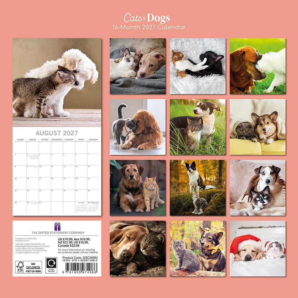 Cats & Dogs 2027 Calendar - back cover showing all 16 monthly photos of cats and dogs together including Golden Retriever, Husky, Dachshund, Labrador and Christmas duo, product code GSC26993