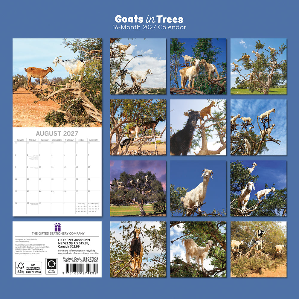 2027 Goats in Trees Square Wall Calendar – back cover showing all 16 monthly goat photos