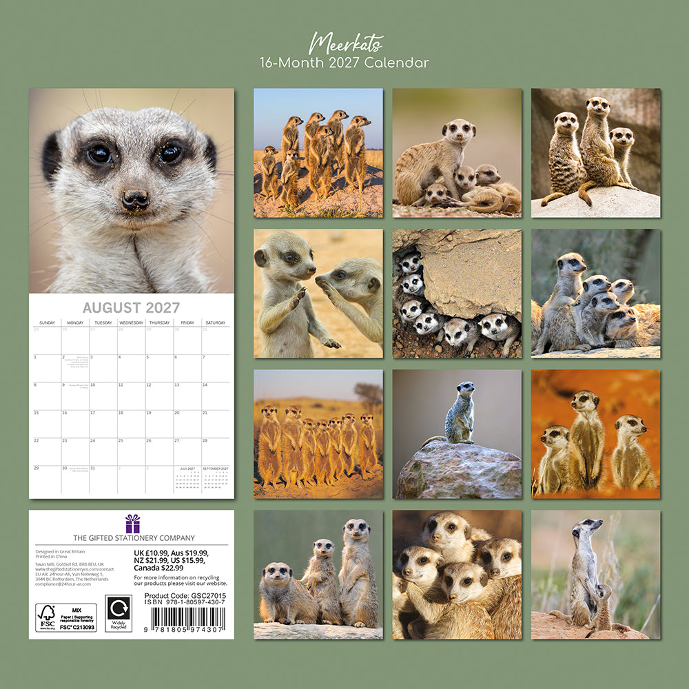 2027 Meerkats Square Wall Calendar – back cover showing all 16 monthly meerkat photos