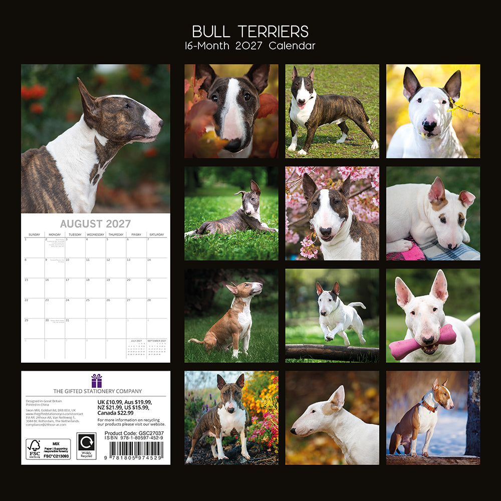 Bull Terriers 2027 Calendar - back cover showing all 16 monthly photos with white, brindle and brindle & white Bull Terriers, product code GSC27037