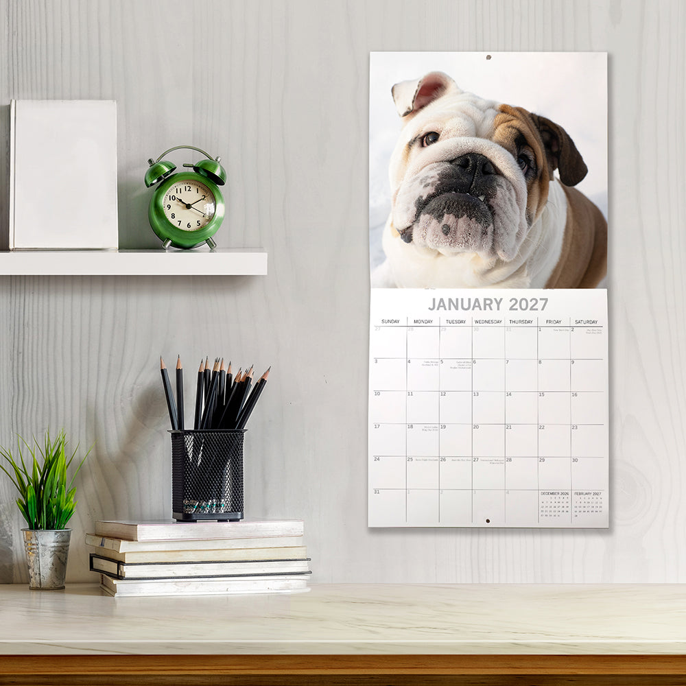 Bulldogs 2027 Calendar - lifestyle shot hung on wall showing January 2027 page with Bulldog close-up portrait