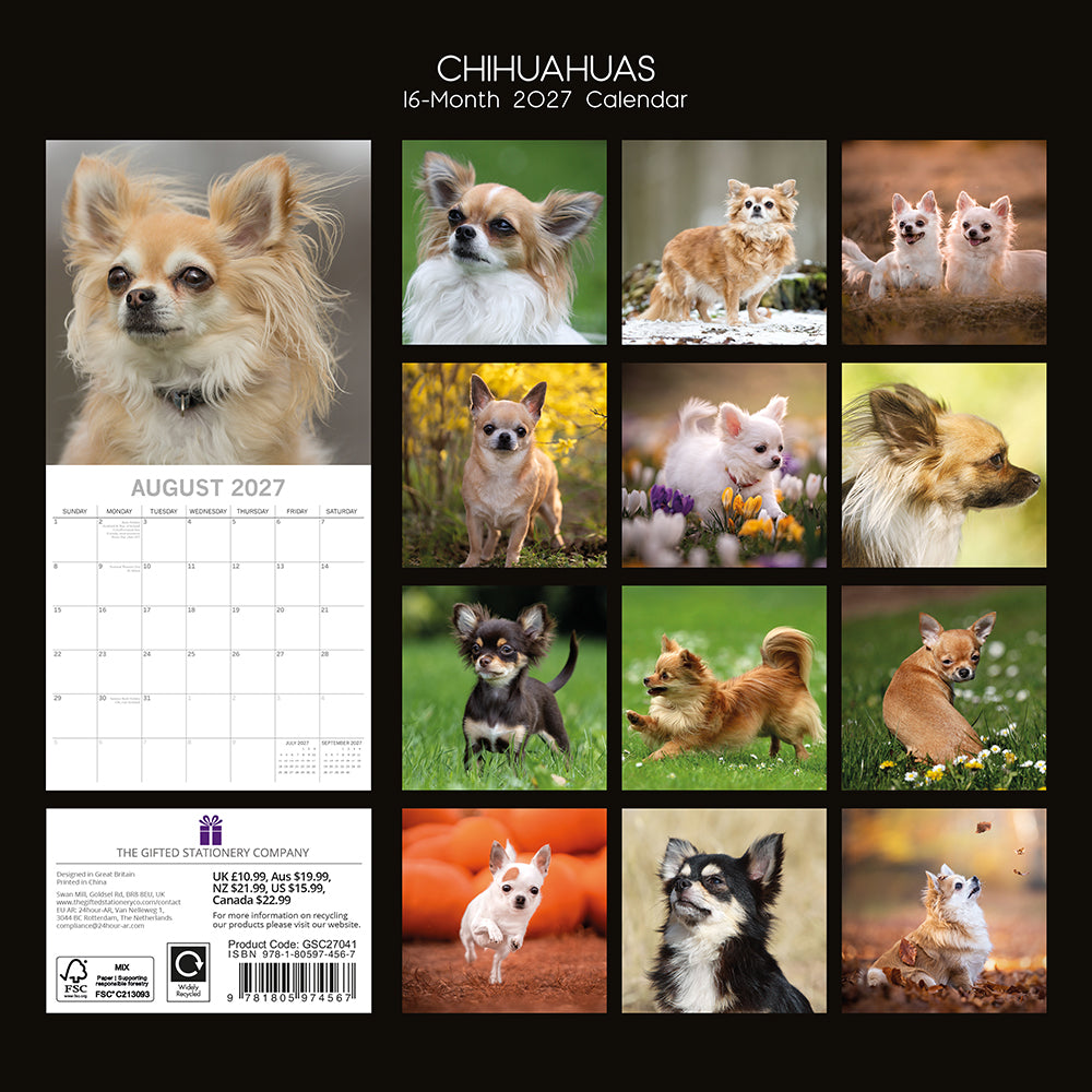 Chihuahuas 2027 Calendar - back cover showing all 16 monthly photos and product details