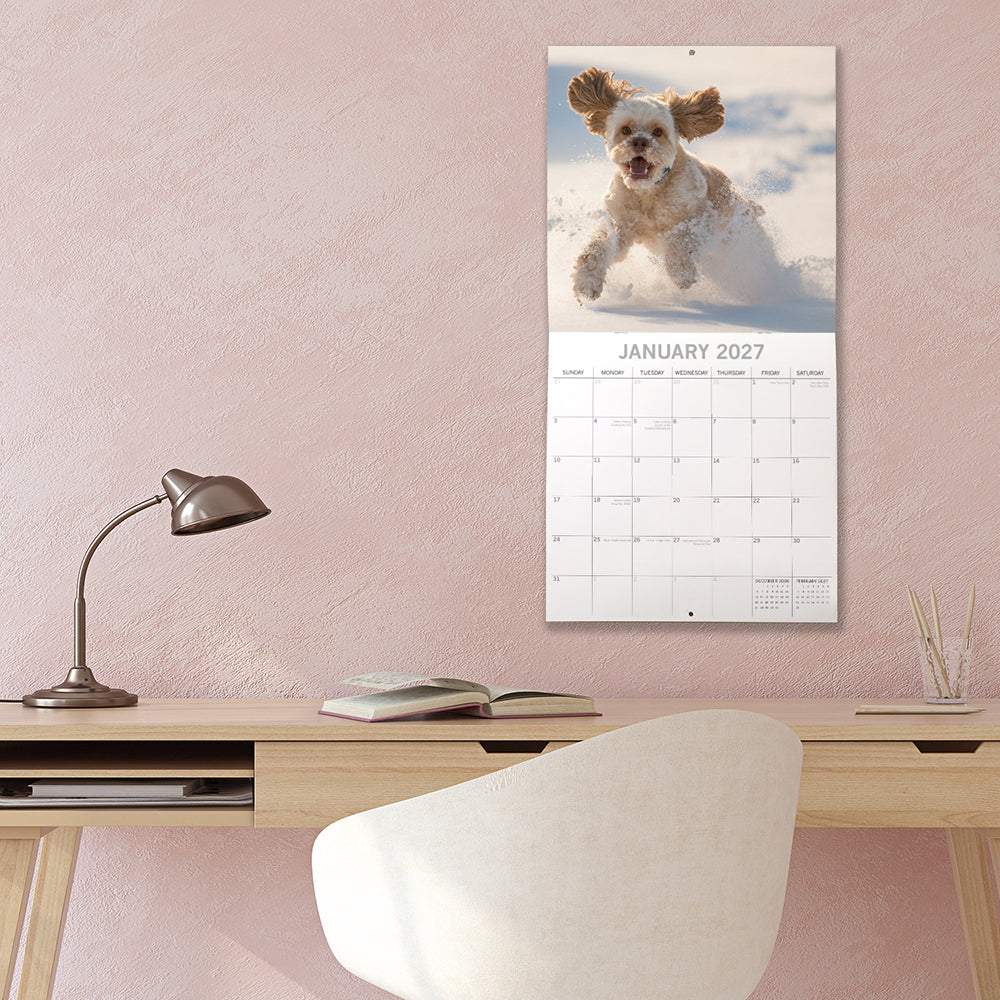 Cockapoos 2027 Calendar - lifestyle shot hung on wall showing January 2027 page with cream Cockapoo bounding through snow with ears flying