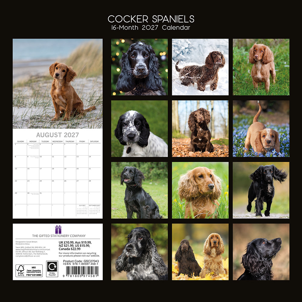 Cocker Spaniels 2027 Calendar - back cover showing all monthly photos and product details