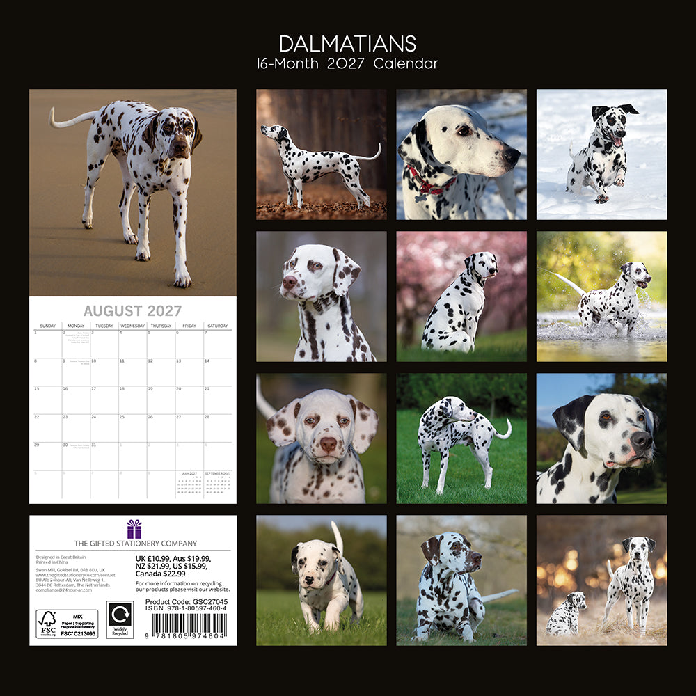 Dalmatians 2027 Calendar - back cover showing all 16 monthly photos including black and liver-spotted Dalmatians with product code GSC27045