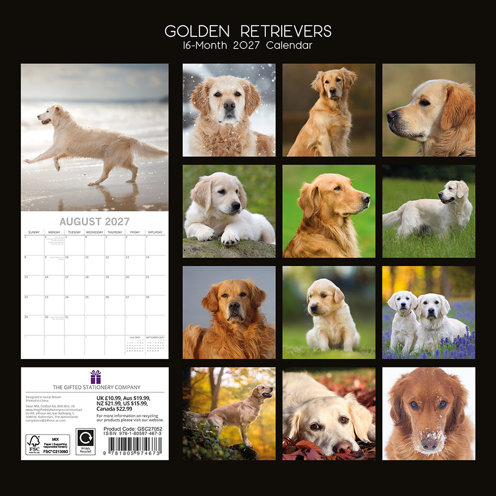 Golden Retrievers 2027 Calendar - back cover showing all monthly photos and product details