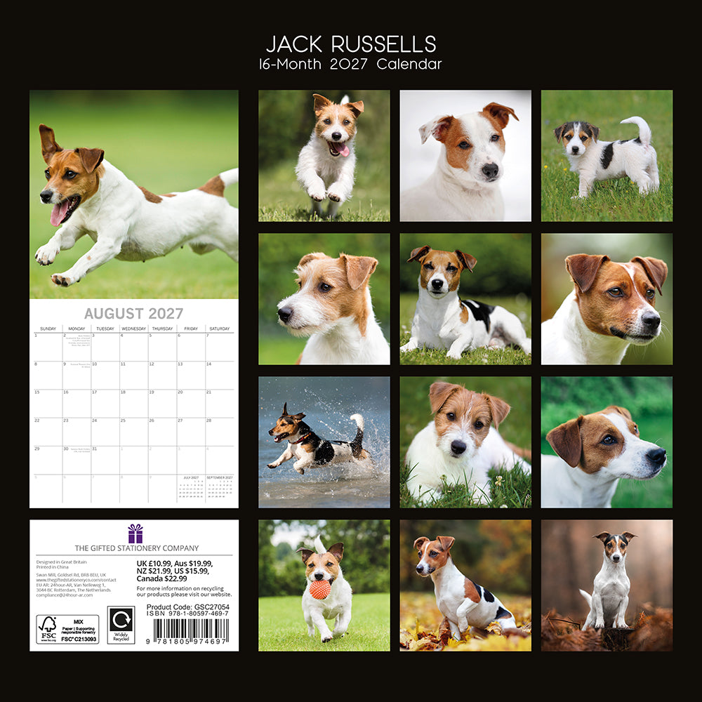 Jack Russells 2027 Calendar - back cover showing all monthly photos and product details