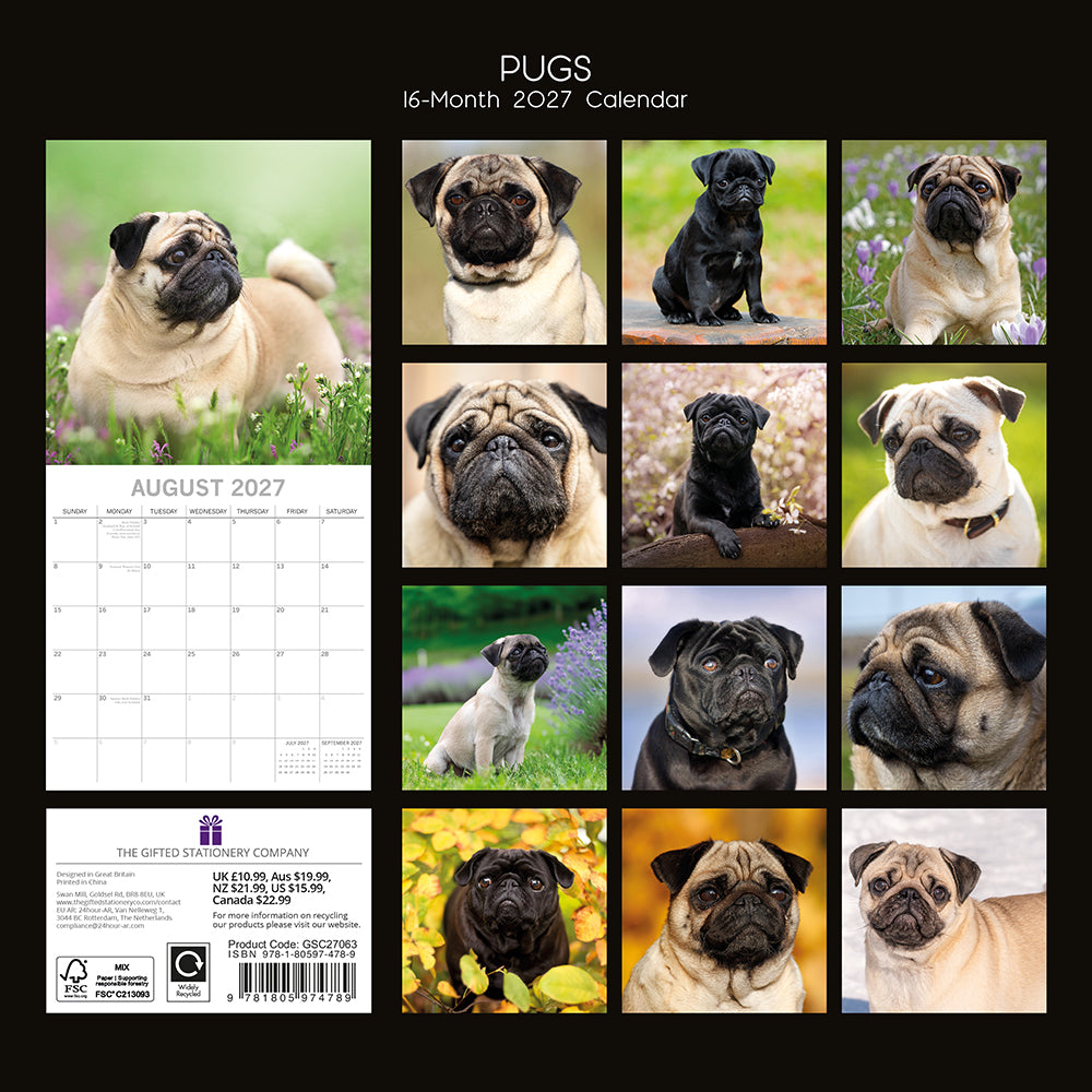 Pugs 2027 Calendar - back cover showing all 16 monthly photos and product details