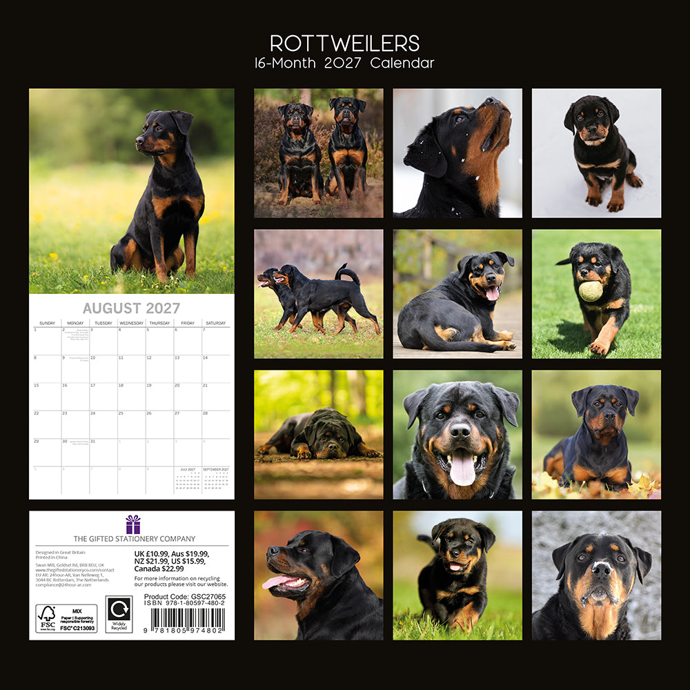 Rottweilers 2027 Calendar - back cover showing all 16 monthly photos and product details