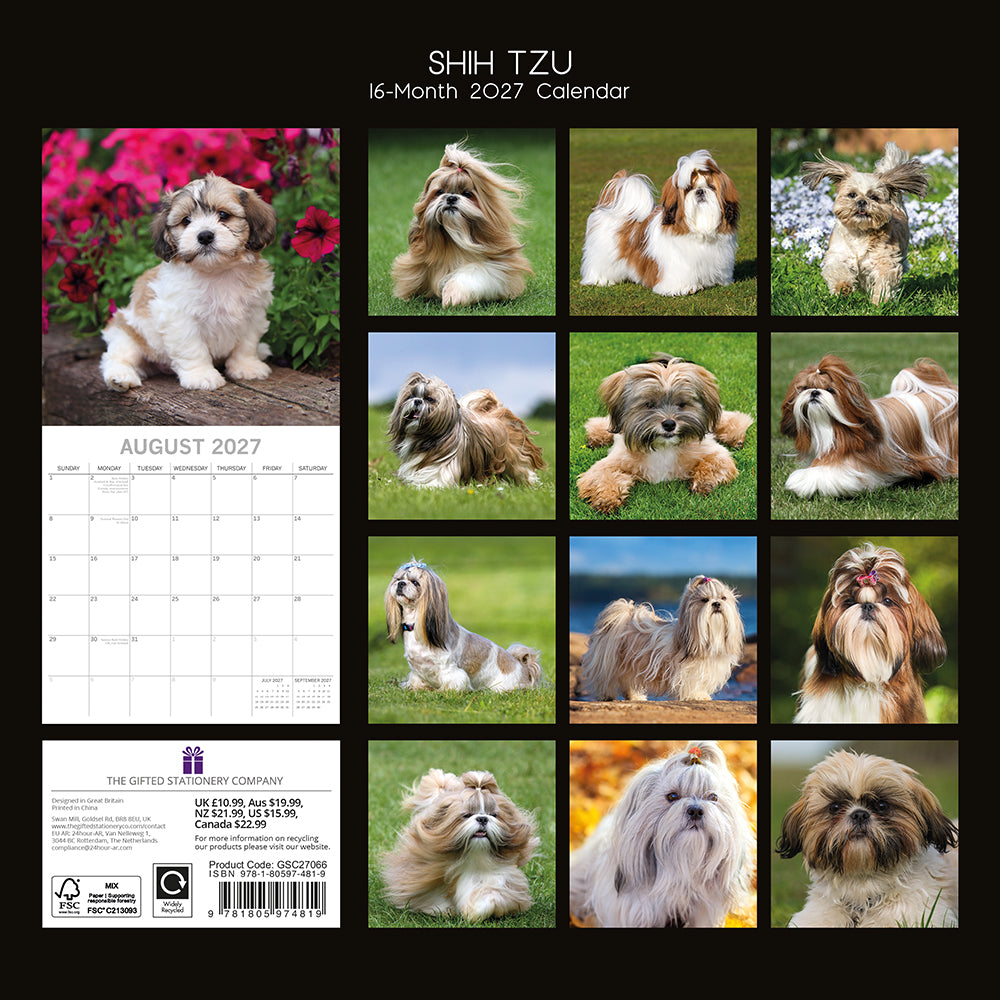 Shih Tzu 2027 Calendar - back cover showing all 16 monthly photos with gold, brown, grey and black Shih Tzus and product code GSC27066
