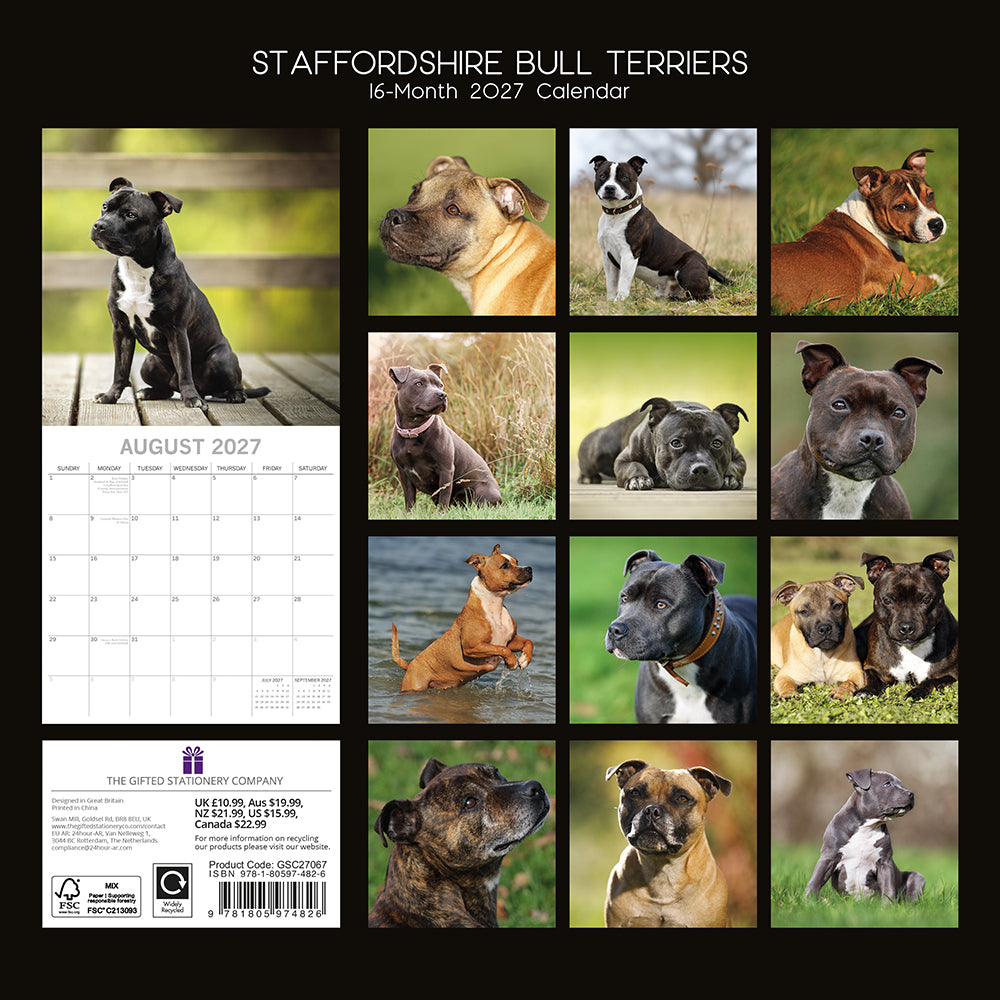 Staffordshire Bull Terriers 2027 Calendar - back cover showing all 16 monthly photos and product details