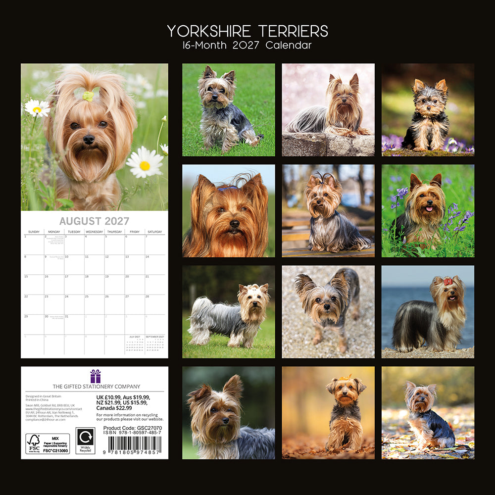 Yorkshire Terriers 2027 Calendar - back cover showing all 16 monthly photos with product code GSC27070 and ISBN 9781805974857