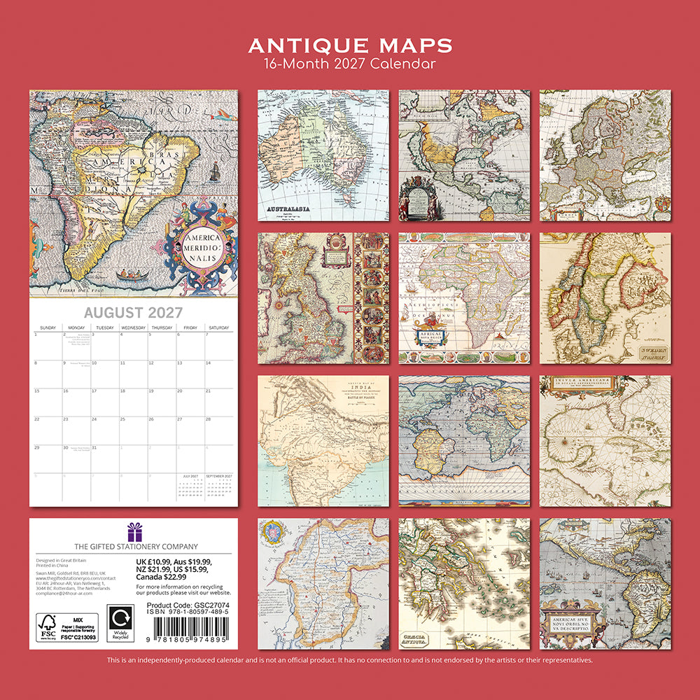 Antique Maps 2027 Calendar – August 2027 page with South America Meridionalis map