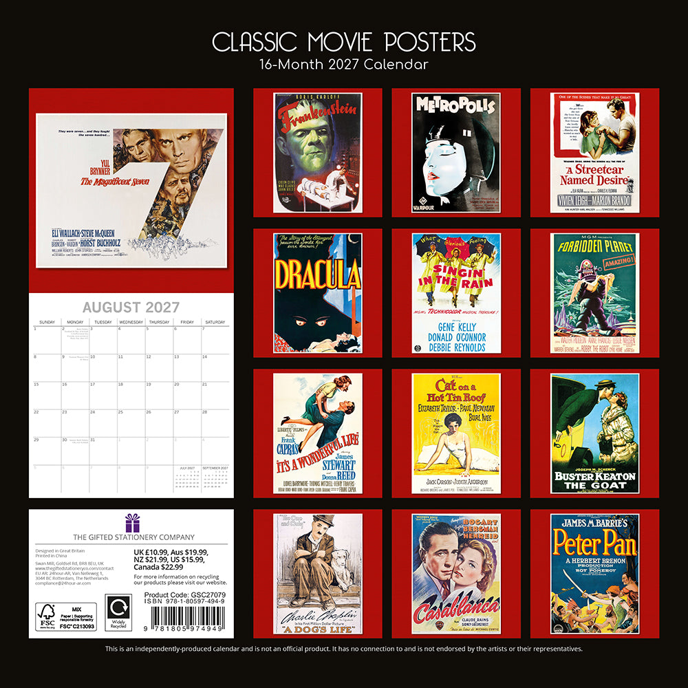 Classic Movie Posters 2027 Square Wall Calendar – back cover showing 12 monthly classic Hollywood movie poster previews on black and red background